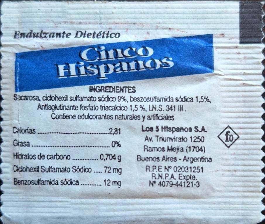 Sobres de edulcorantes de la marca Argentina de café 5 HISPANOS. Sobres de edulcorantes de la marca Argentina de café 5 HISPANOS.