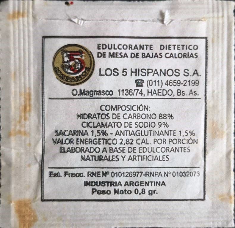 Sobres de edulcorantes de la marca Argentina de café 5 HISPANOS. Sobres de edulcorantes de la marca Argentina de café 5 HISPANOS.