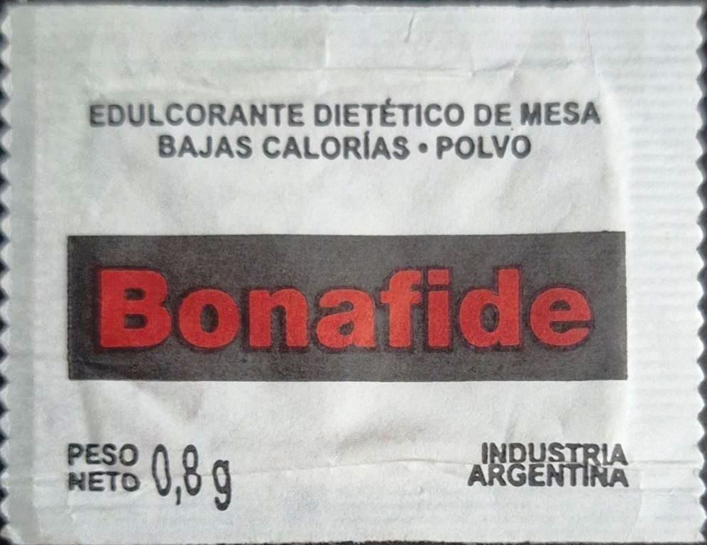 Sobres de edulcorantes de la marca Argentina de café BONAFIDE. Sobres de edulcorantes de la marca Argentina de café BONAFIDE.