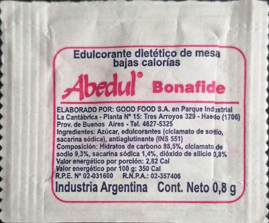 Sobres de edulcorantes de la marca Argentina de café BONAFIDE. Sobres de edulcorantes de la marca Argentina de café BONAFIDE.