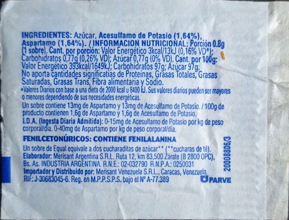 Sobres de edulcorantes de la marca Argentina de edulcorante EQUAL. Sobres de edulcorantes de la marca Argentina de edulcorante EQUAL.