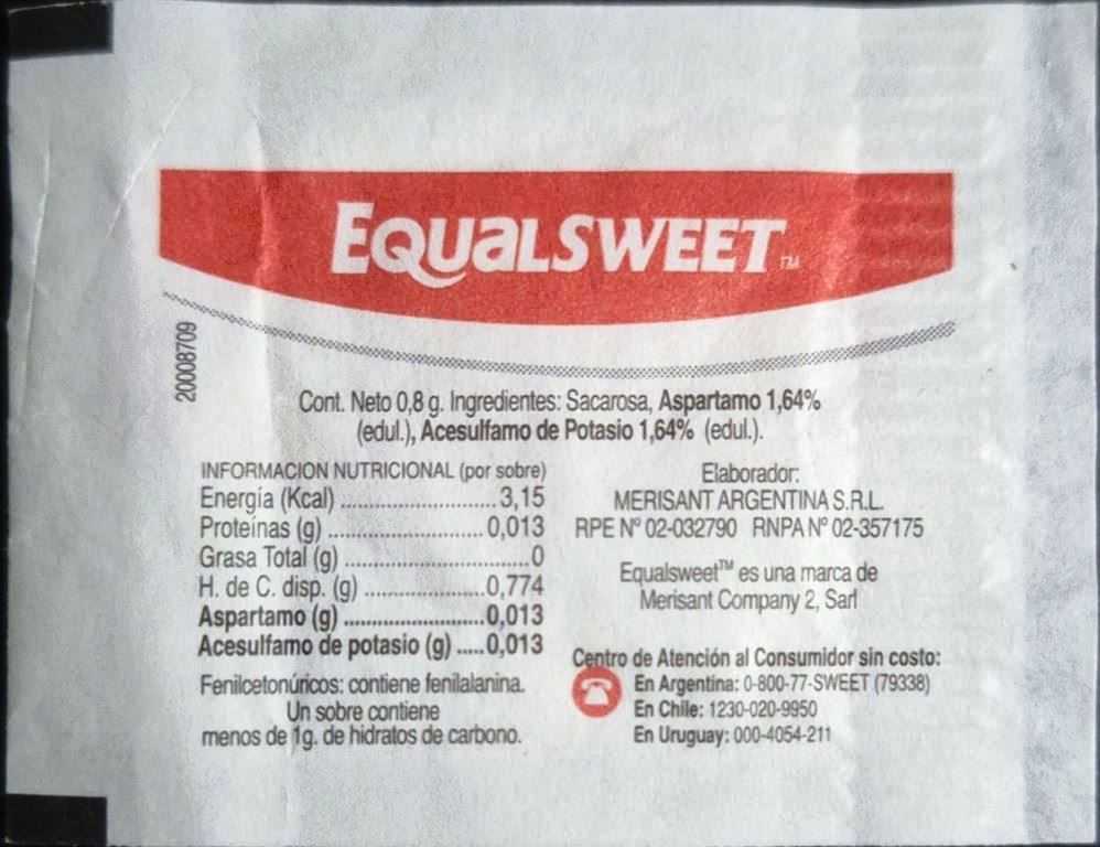 Sobres de edulcorantes de la marca Argentina de edulcorante EQUALSWEET. Sobres de edulcorantes de la marca Argentina de edulcorante EQUALSWEET.