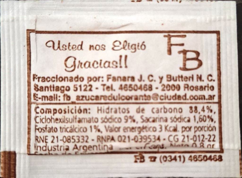 Sobres de edulcorantes de la marca Argentina de edulcorante FB. Sobres de edulcorantes de la marca Argentina de edulcorante FB.