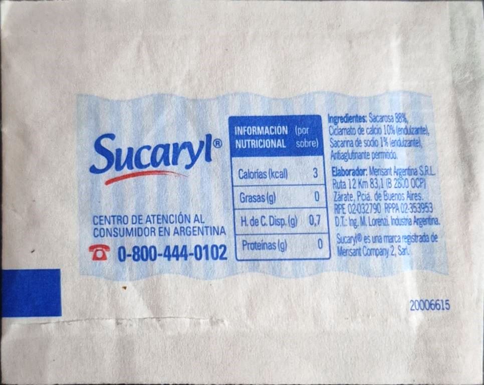 Sobres de edulcorantes de la marca Argentina de edulcorante SUCARYL. Sobres de edulcorantes de la marca Argentina de edulcorante SUCARYL.