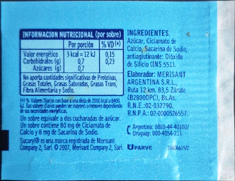 Sobres de edulcorantes de la marca Argentina de edulcorante SUCARYL. Sobres de edulcorantes de la marca Argentina de edulcorante SUCARYL.