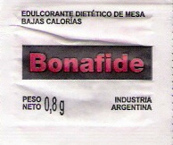 Sobres de edulcorantes de la marca Argentina de café BONAFIDE. Sobres de edulcorantes de la marca Argentina de café BONAFIDE.
