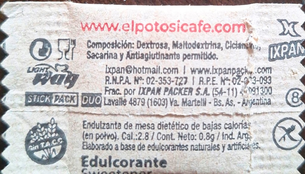 Sobres de edulcorantes de la marca Argentina de café EL POTOSI. Sobres de edulcorantes de la marca Argentina de café EL POTOSI.