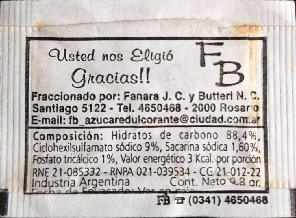 Sobres de edulcorantes de la marca Argentina de edulcorante FB. Sobres de edulcorantes de la marca Argentina de edulcorante FB.