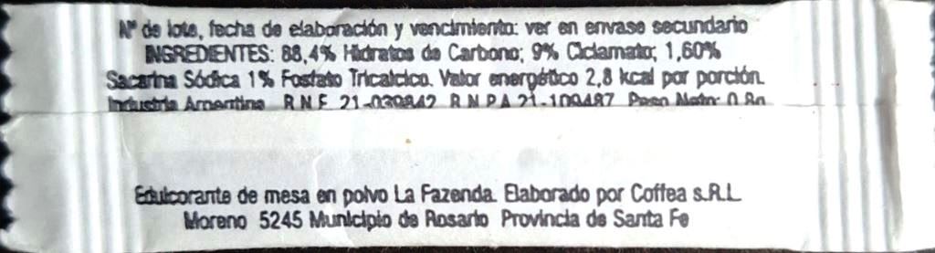 Sobres de edulcorantes de la marca Argentina de café LA FAZENDA. Sobres de edulcorantes de la marca Argentina de café LA FAZENDA.