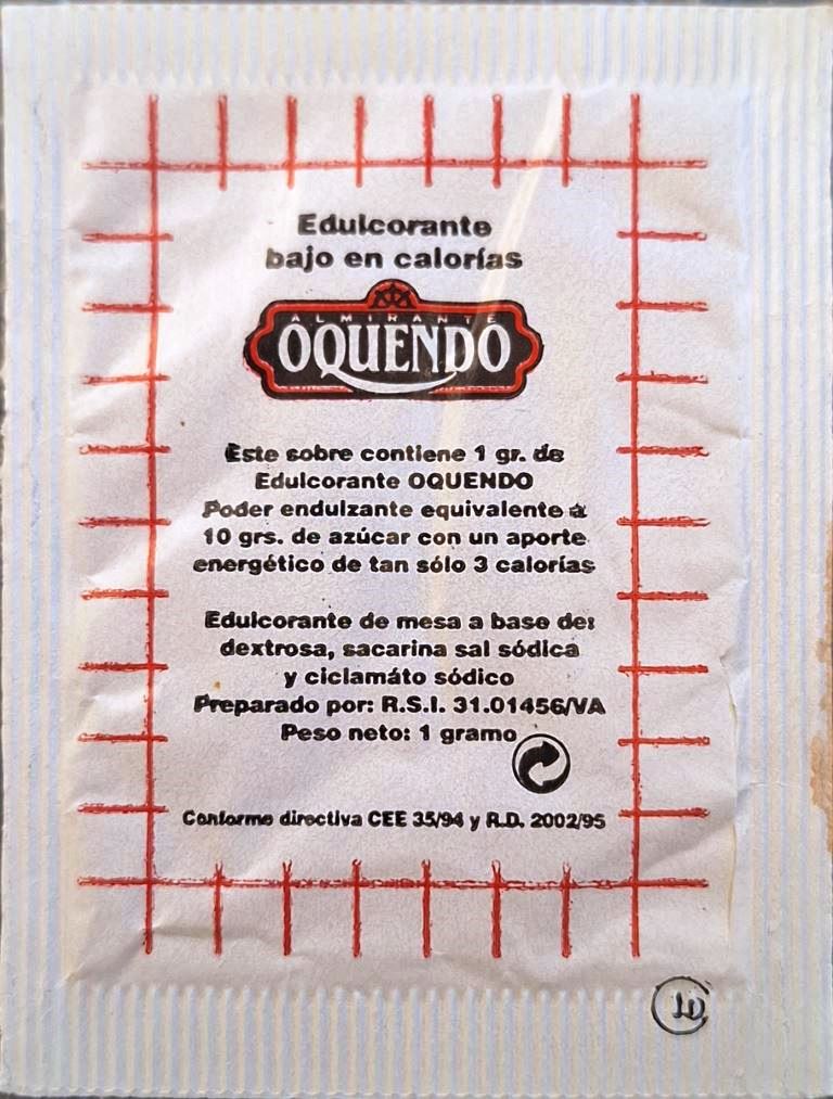 Sobres de edulcorantes de España de la marca de café OQUENDO. Sobres de edulcorantes de España de la marca de café OQUENDO.