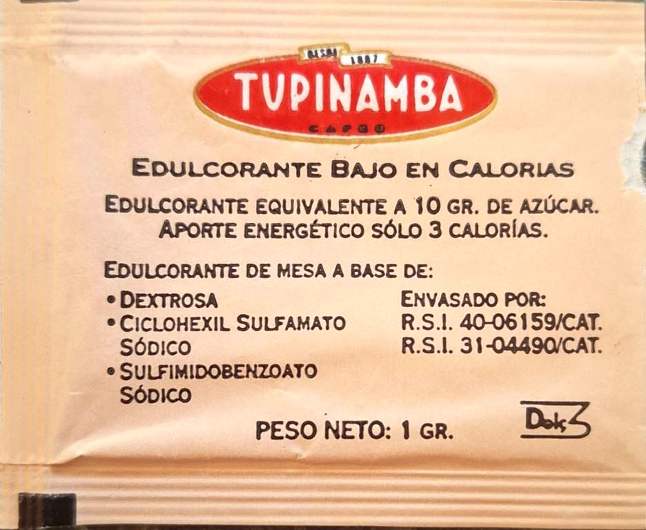 Sobres de edulcorantes de España de la marca de café TUPINAMBA. Sobres de edulcorantes de España de la marca de café TUPINAMBA.