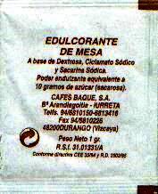 Sobres de edulcorantes de la marca de café BAQUE. Sobres de edulcorantes de la marca de café BAQUE.