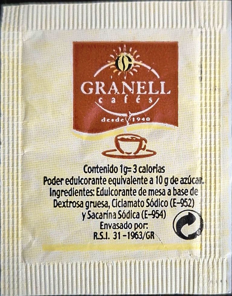 Sobres de edulcorantes de la marca de café GRANELL. Sobres de edulcorantes de la marca de café GRANELL.