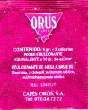 Sobres de edulcorantes de España de la marca de café ORUS. Sobres de edulcorantes de España de la marca de café ORUS.