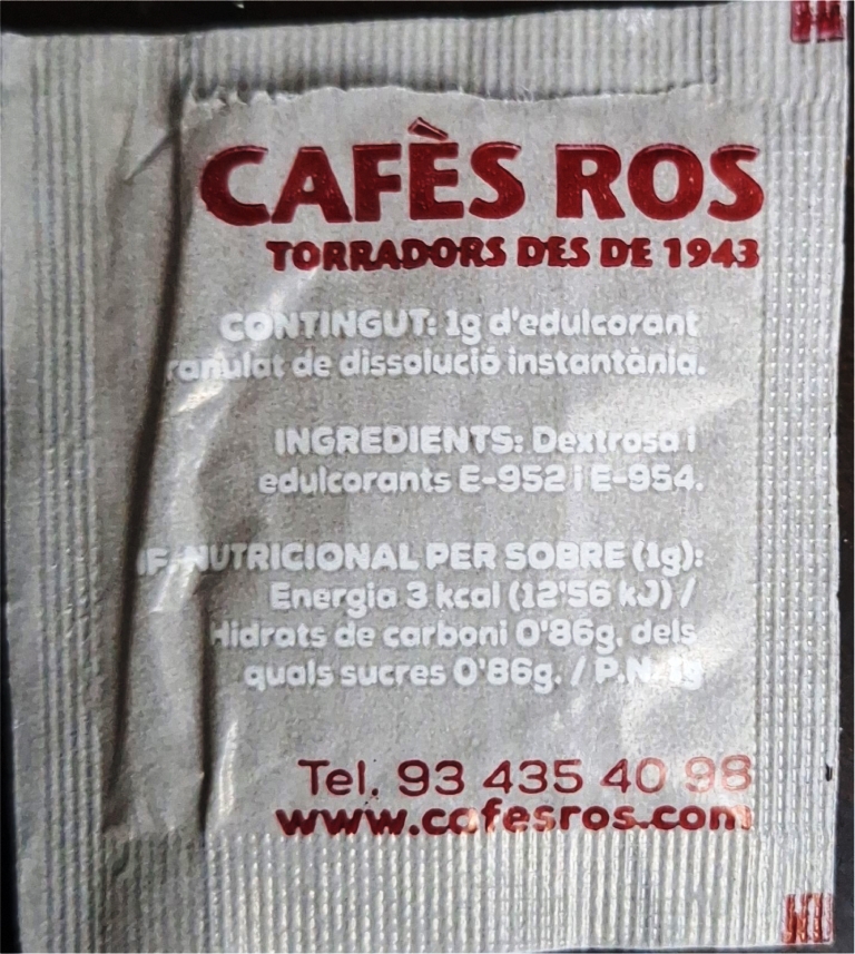 Sobres de edulcorantes de España de la marca de café ROS. Sobres de edulcorantes de España de la marca de café ROS.