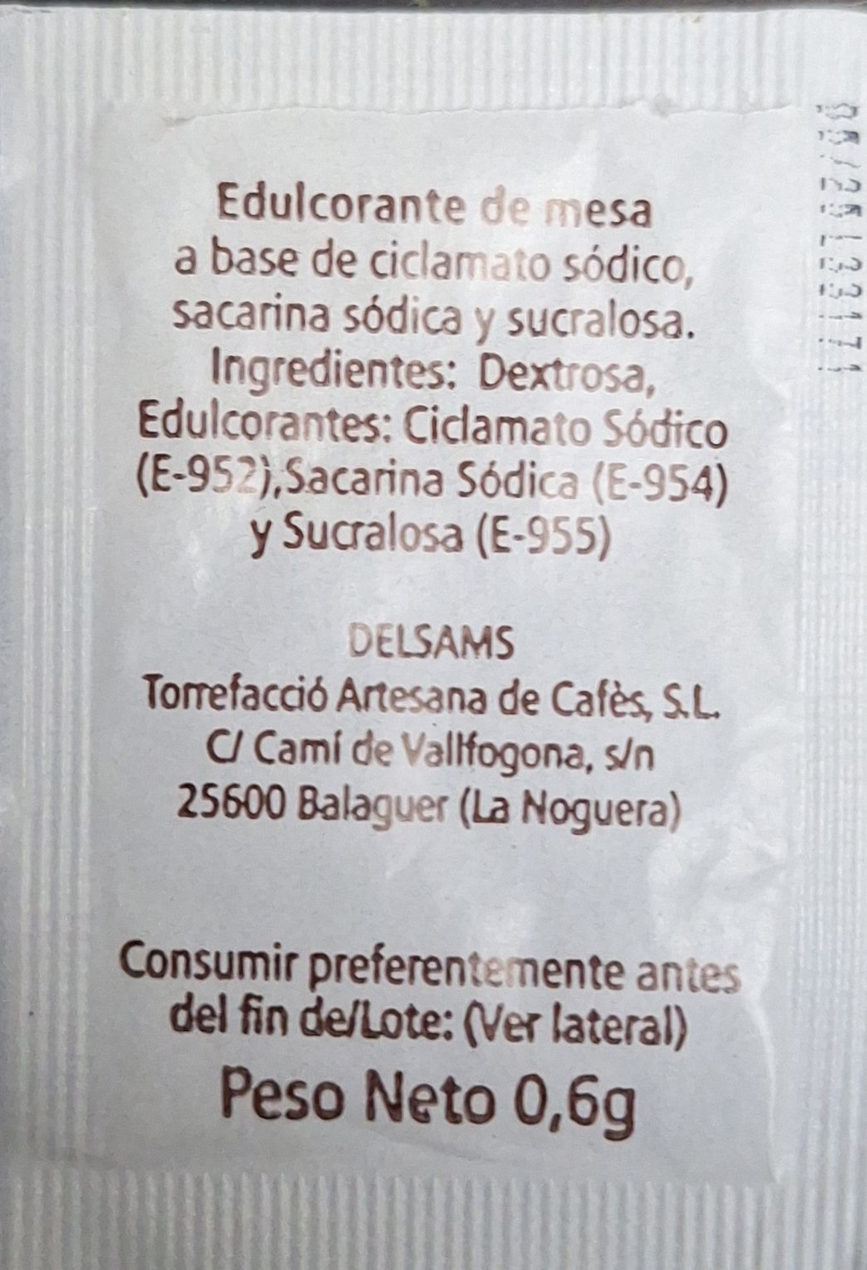 Sobres de edulcorantes de la marca de café DELSAMS. Sobres de edulcorantes de la marca de café DELSAMS.