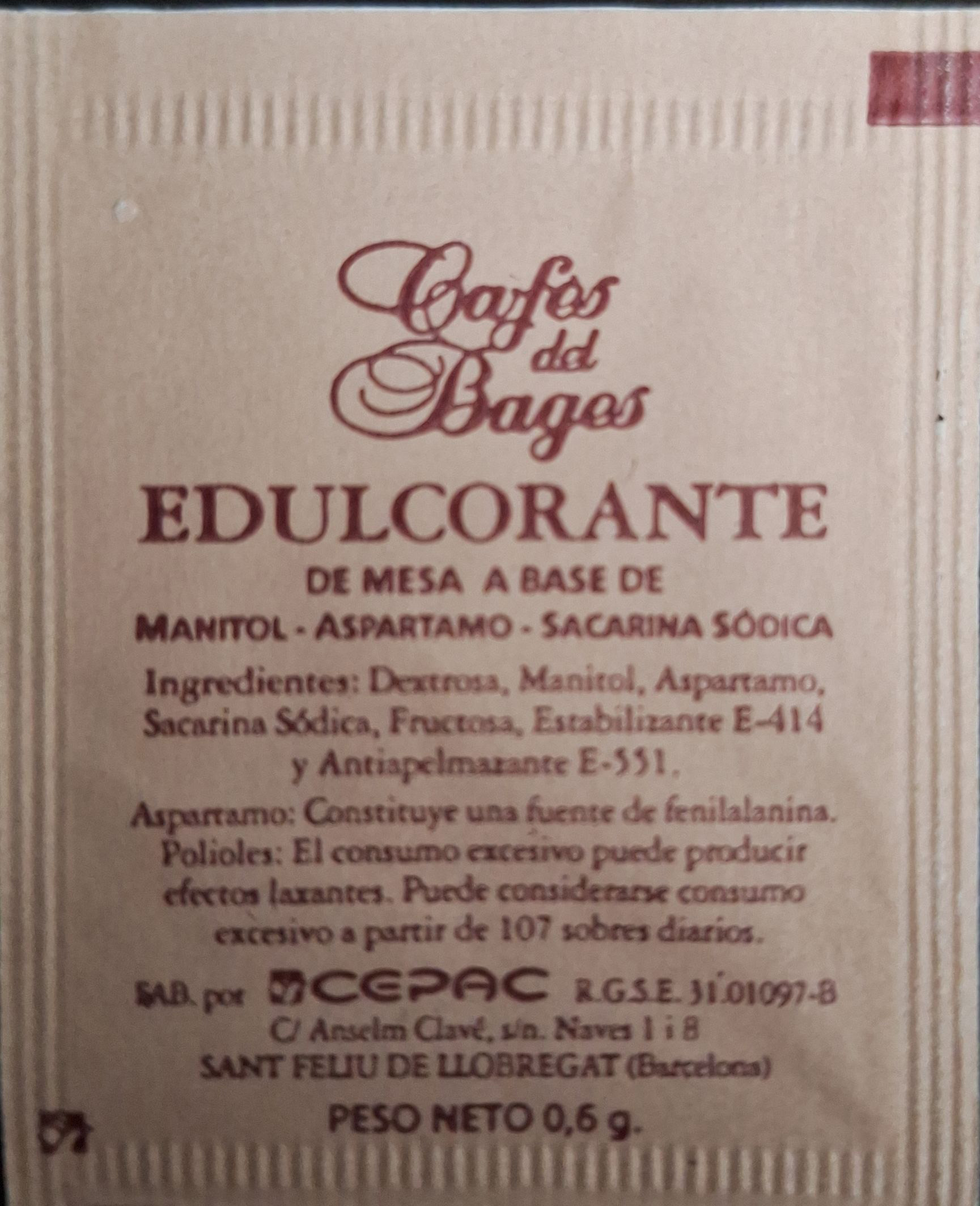 Sobres de edulcorantes de la marca de café DEL BAGES. Sobres de edulcorantes de la marca de café DEL BAGES.