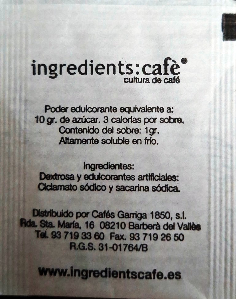 Sobres de edulcorantes de la marca de café GARRIGA. Sobres de edulcorantes de la marca de café GARRIGA.