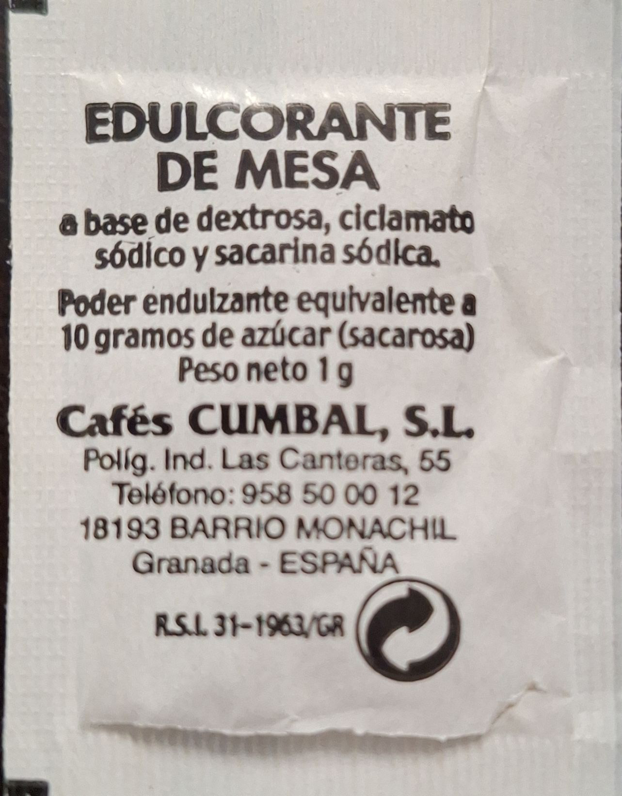 Sobres de edulcorantes de la marca de café CUMBAL. Sobres de edulcorantes de la marca de café CUMBAL.
