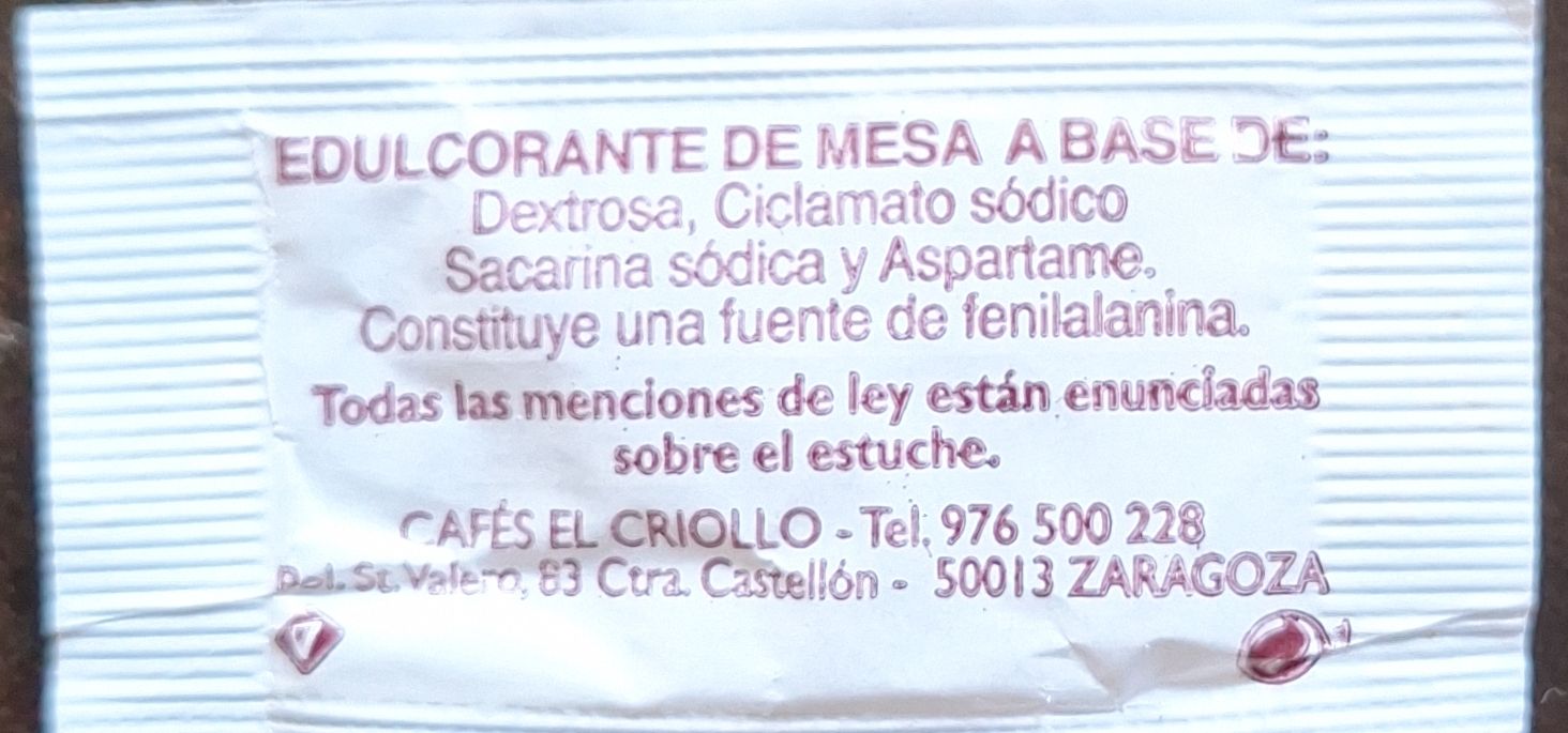 Sobres de edulcorantes de la marca de café EL CRIOLLO. Sobres de edulcorantes de la marca de café EL CRIOLLO.