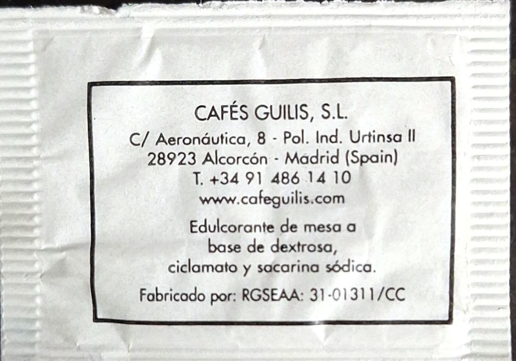 Sobres de edulcorantes de la marca de café GUILIS. Sobres de edulcorantes de la marca de café GUILIS.