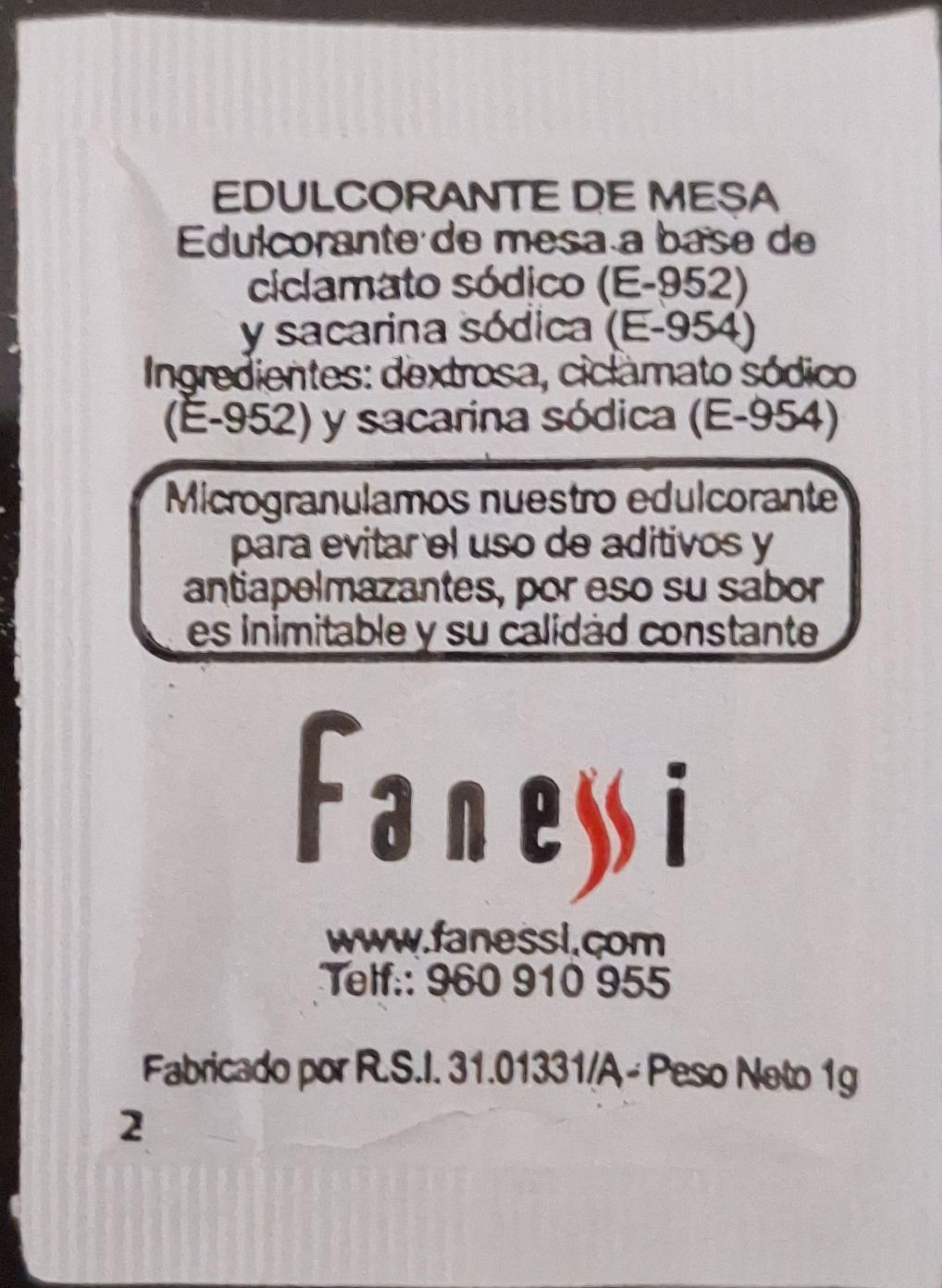 Sobres de edulcorantes de la marca de café FANESSI. Sobres de edulcorantes de la marca de café FANESSI.