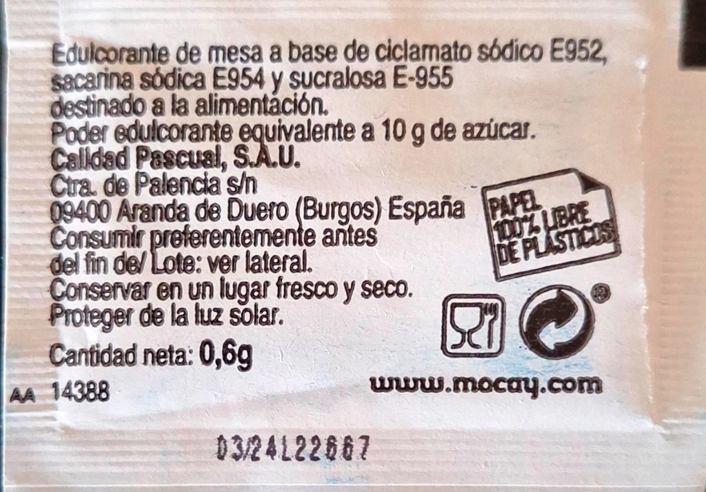 Sobres de edulcorantes de España de la marca de café MOCAY. Sobres de edulcorantes de España de la marca de café MOCAY.