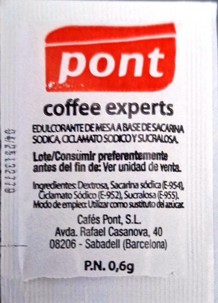 Sobres de edulcorantes de España de la marca de café PONT. Sobres de edulcorantes de España de la marca de café PONT.