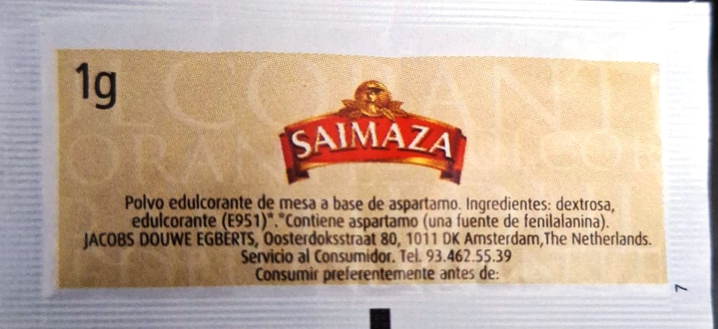 Sobres de edulcorantes de España de la marca de café SAIMAZA. Sobres de edulcorantes de España de la marca de café SAIMAZA.