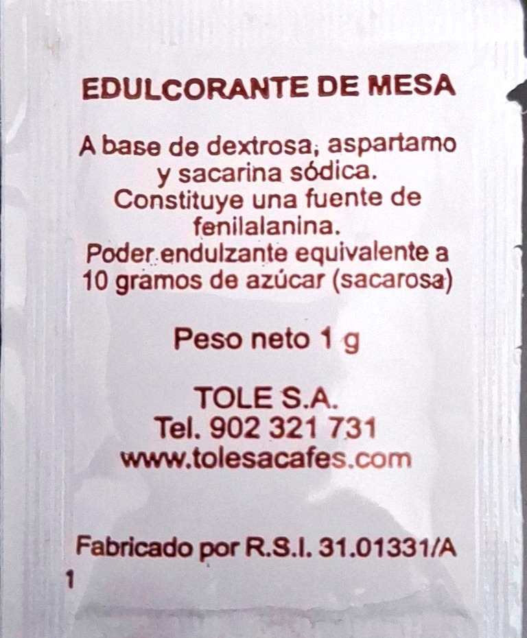 Sobres de edulcorantes de España de la marca de café TOLESA. Sobres de edulcorantes de España de la marca de café TOLESA.