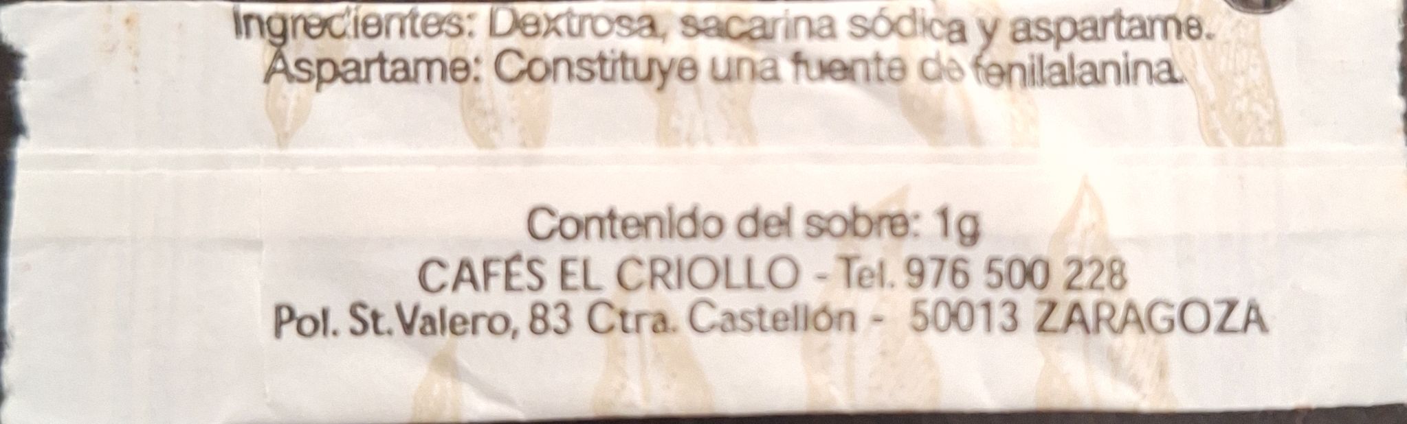 Sobres de edulcorantes de la marca de café EL CRIOLLO. Sobres de edulcorantes de la marca de café EL CRIOLLO.