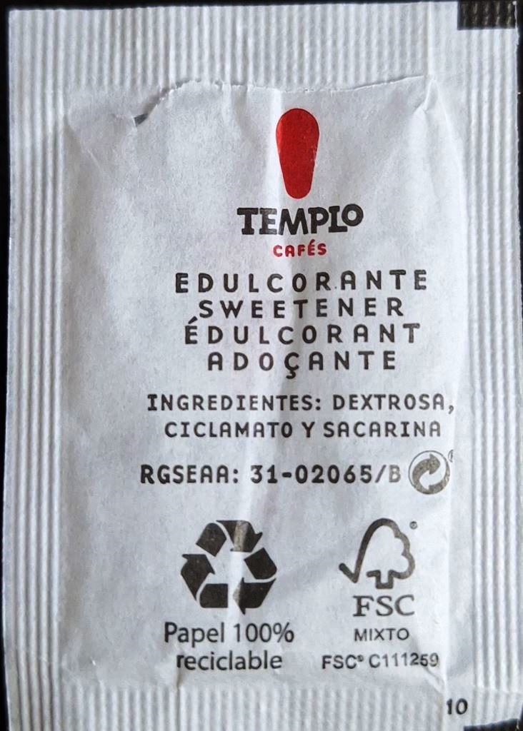 Sobres de edulcorantes de España de la marca de café TEMPLO. Sobres de edulcorantes de España de la marca de café TEMPLO.