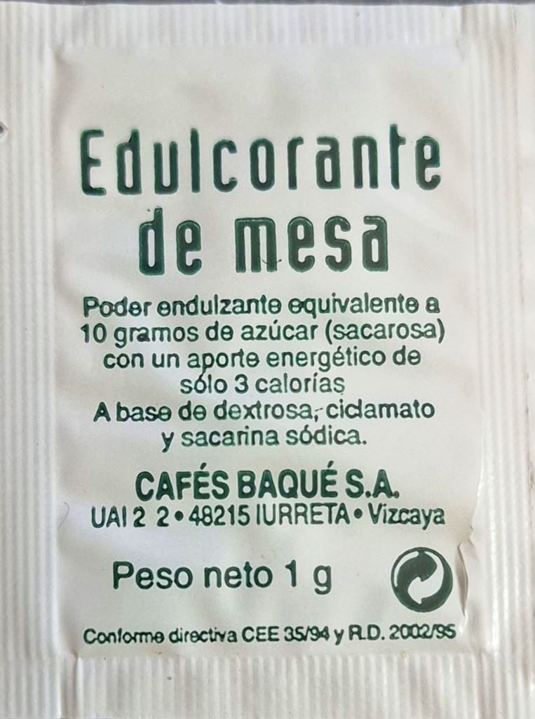Sobres de edulcorantes de la marca de café BAQUE. Sobres de edulcorantes de la marca de café BAQUE.