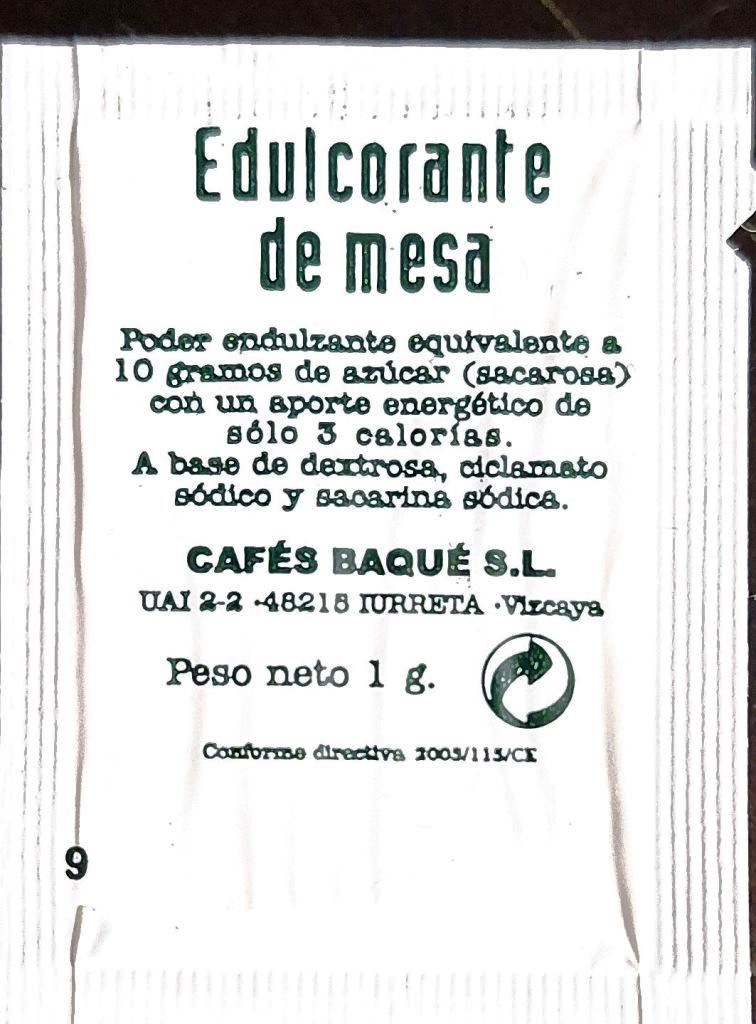 Sobres de edulcorantes de la marca de café BAQUE. Sobres de edulcorantes de la marca de café BAQUE.