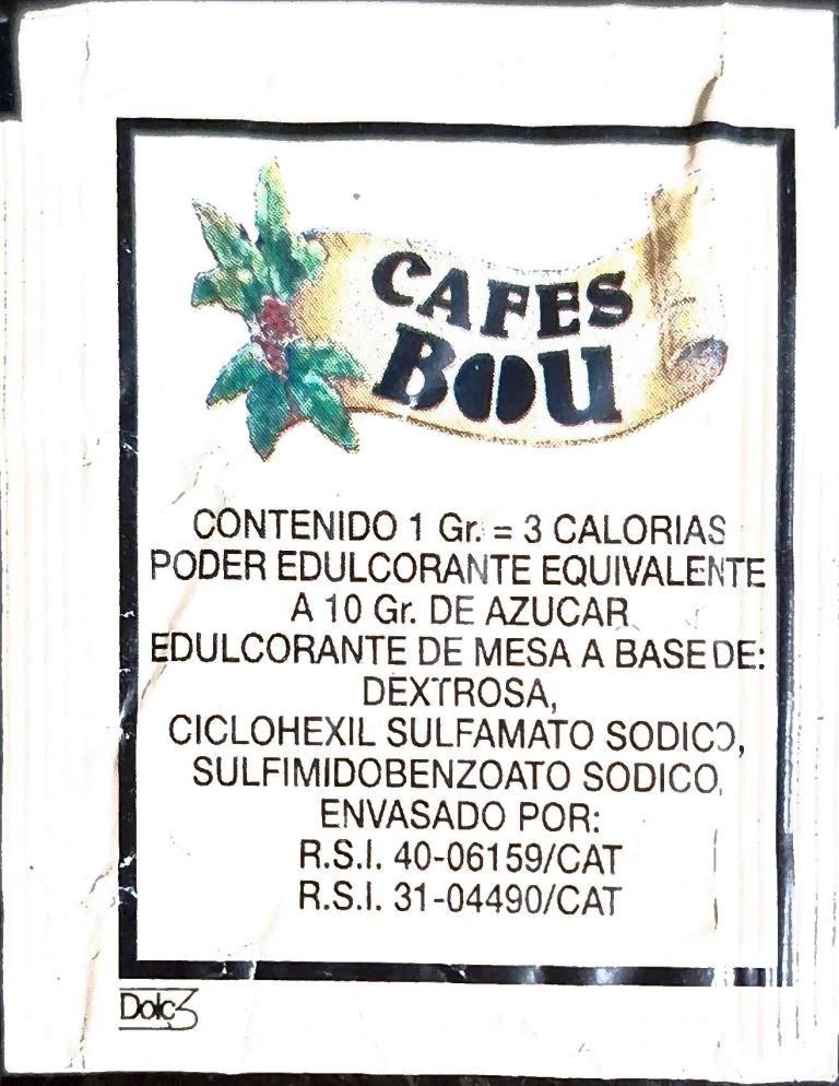 Sobres de edulcorantes de la marca de café BOU. Sobres de edulcorantes de la marca de café BOU.