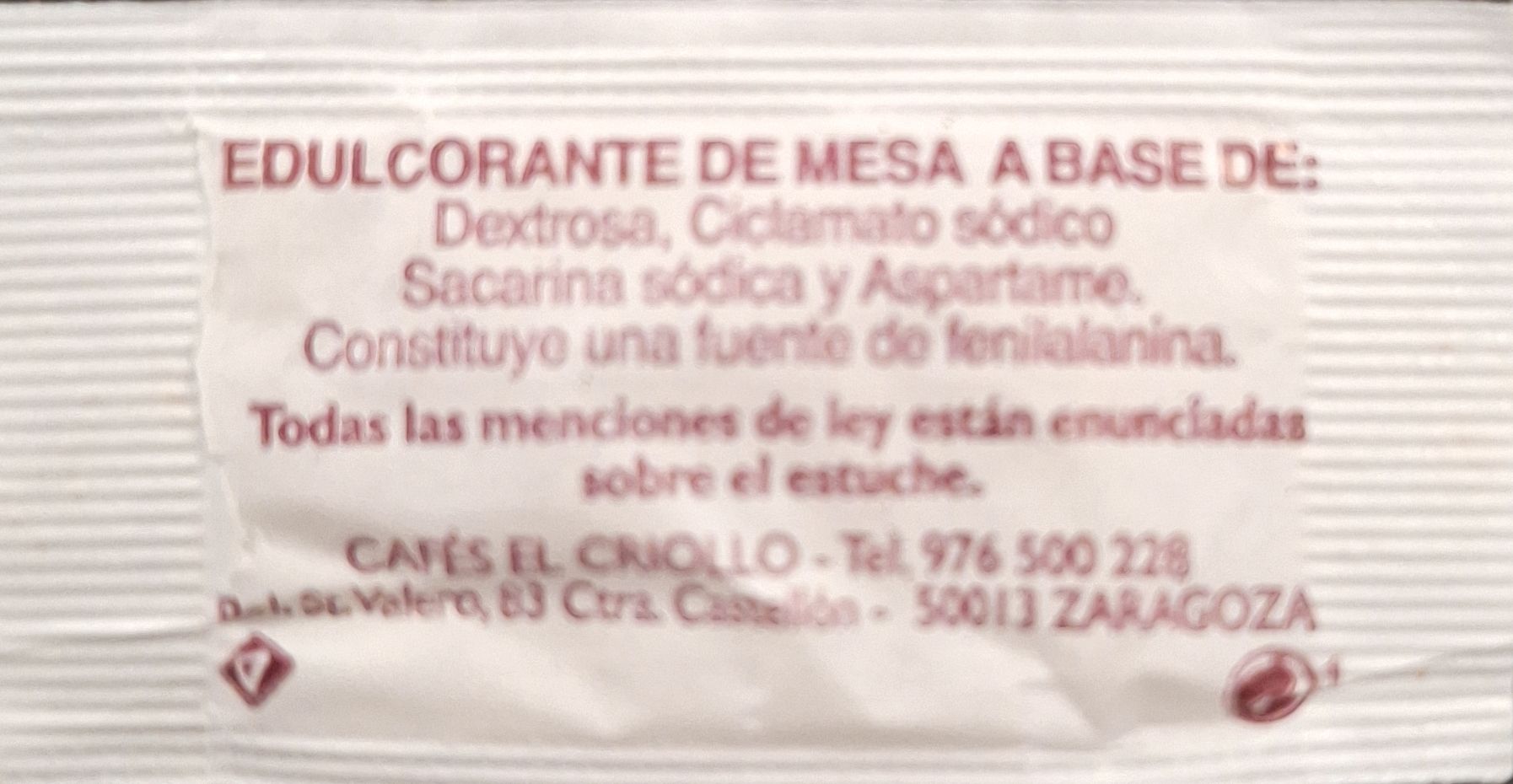 Sobres de edulcorantes de la marca de café EL CRIOLLO. Sobres de edulcorantes de la marca de café EL CRIOLLO.