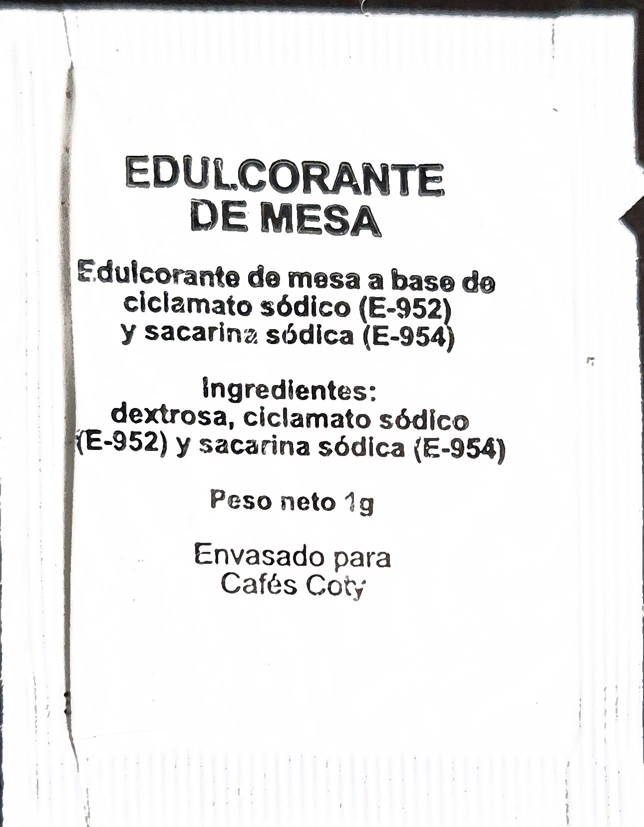 Sobres de edulcorantes de la marca de café COTY. Sobres de edulcorantes de la marca de café COTY.