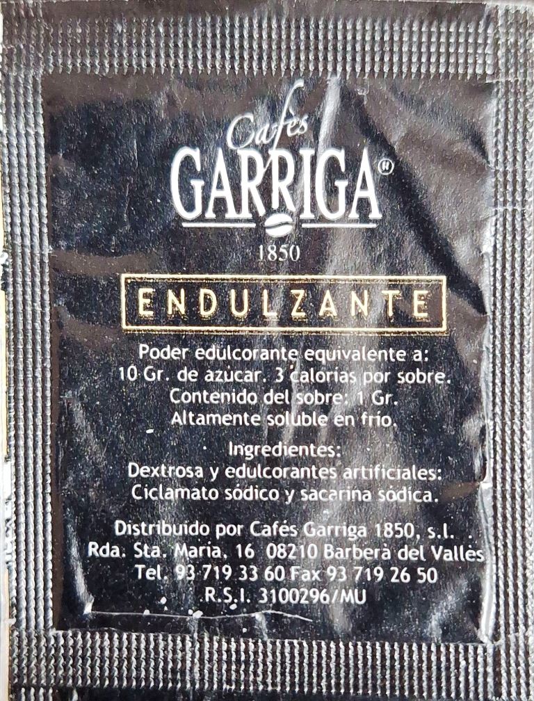 Sobres de edulcorantes de la marca de café GARRIGA. Sobres de edulcorantes de la marca de café GARRIGA.