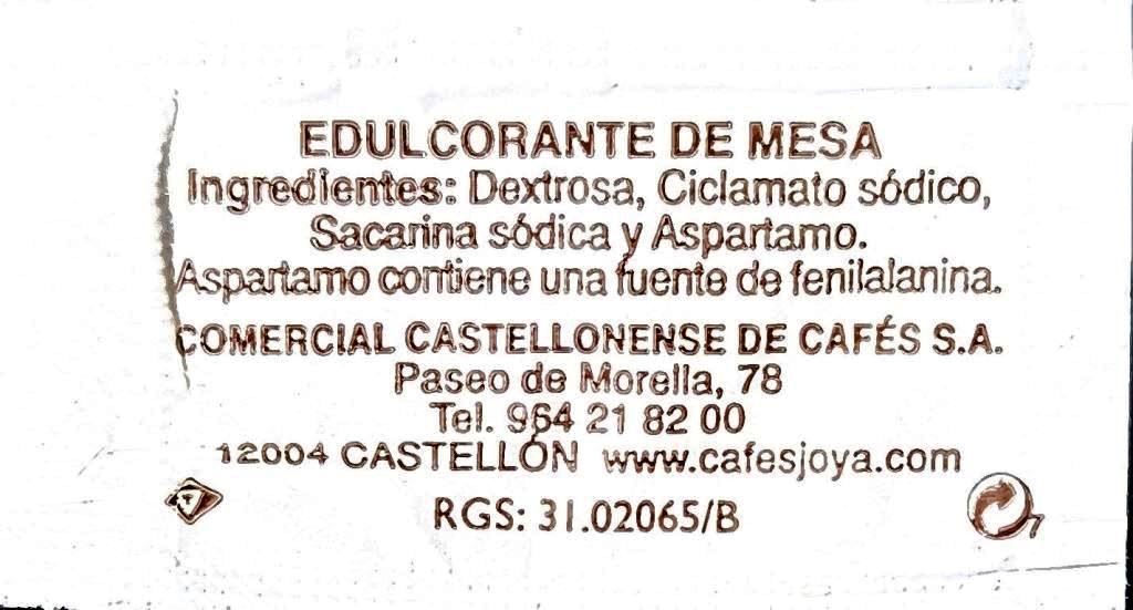 Sobres de edulcorantes de la marca de café JOYA. Sobres de edulcorantes de la marca de café JOYA.