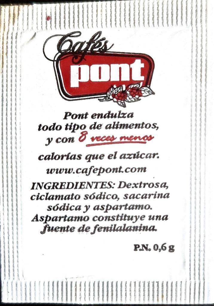 Sobres de edulcorantes de España de la marca de café PONT. Sobres de edulcorantes de España de la marca de café PONT.