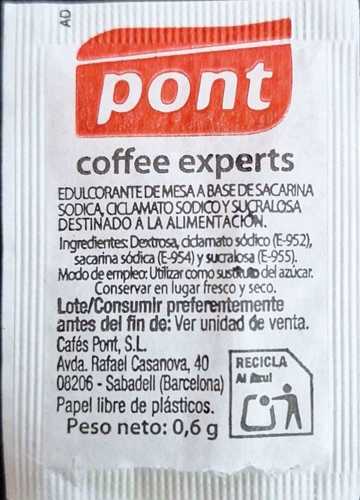 Sobres de edulcorantes de España de la marca de café PONT. Sobres de edulcorantes de España de la marca de café PONT.