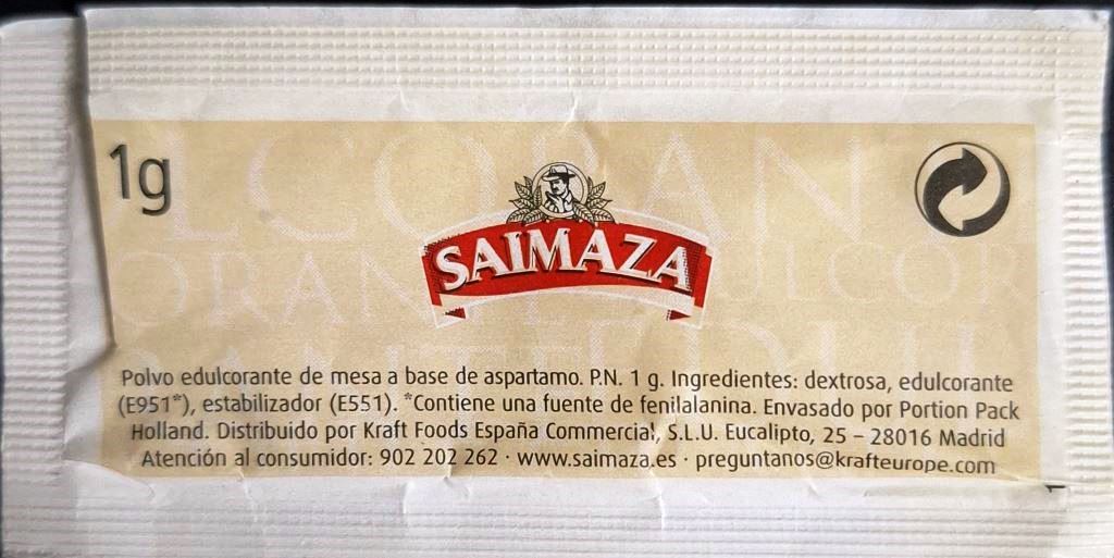Sobres de edulcorantes de España de la marca de café SAIMAZA. Sobres de edulcorantes de España de la marca de café SAIMAZA.
