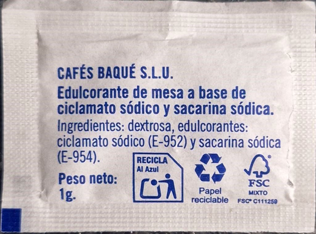 Sobres de edulcorantes de la marca de café BAQUE. Sobres de edulcorantes de la marca de café BAQUE.