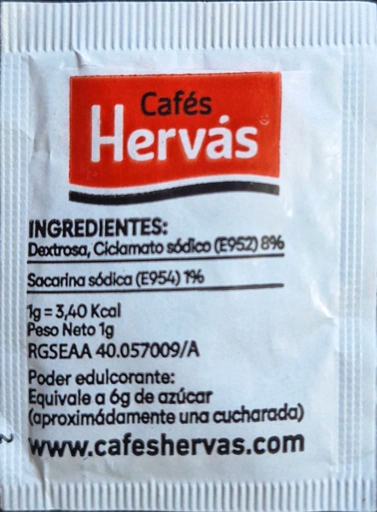 Sobres de edulcorantes de la marca de café HERVAS. Sobres de edulcorantes de la marca de café HERVAS.