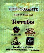 Sobres de edulcorantes de España de la marca de café TORRELSA. Sobres de edulcorantes de España de la marca de café TORRELSA.