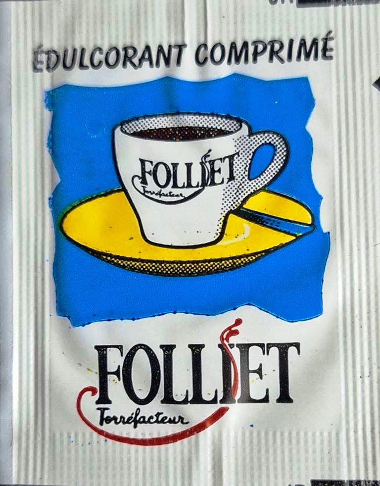 Sachets d'édulcorant de la marque de café FOLLIET de France. Sachets d'édulcorant de la marque de café FOLLIET de France.