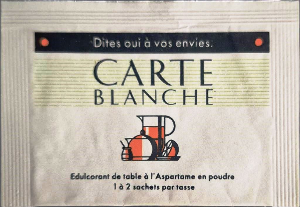 Ma collection personnelle de Sachets d'édulcorant de la marque d'édulcorant CARTE BLANCHE de France. Ma collection personnelle de Sachets d'édulcorant de la marque d'édulcorant CARTE BLANCHE de France.