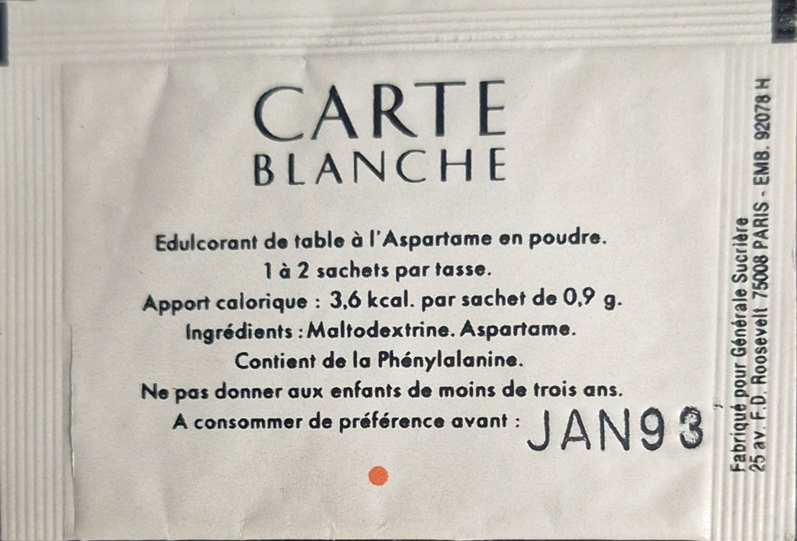 Ma collection personnelle de Sachets d'édulcorant de la marque d'édulcorant CARTE BLANCHE de France. Ma collection personnelle de Sachets d'édulcorant de la marque d'édulcorant CARTE BLANCHE de France.